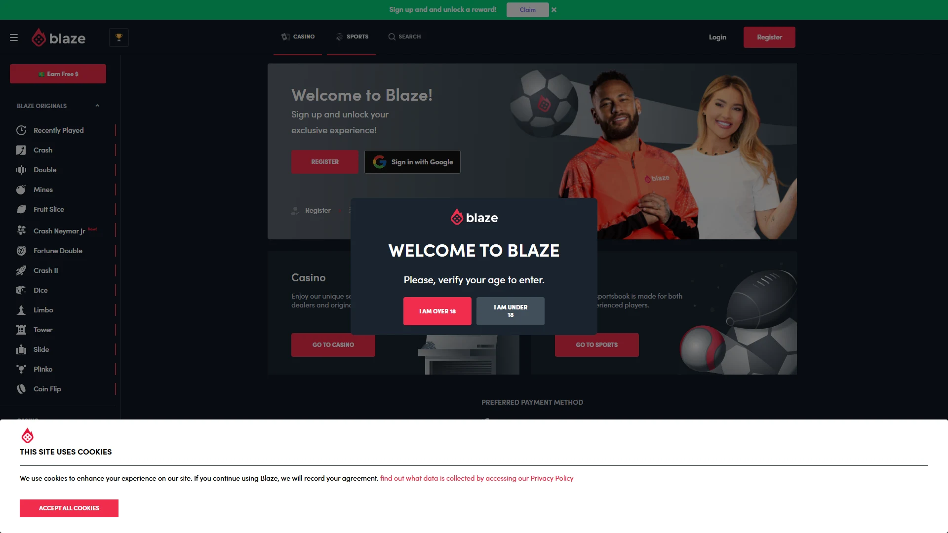 Blaze Casino casino lobby on desktop